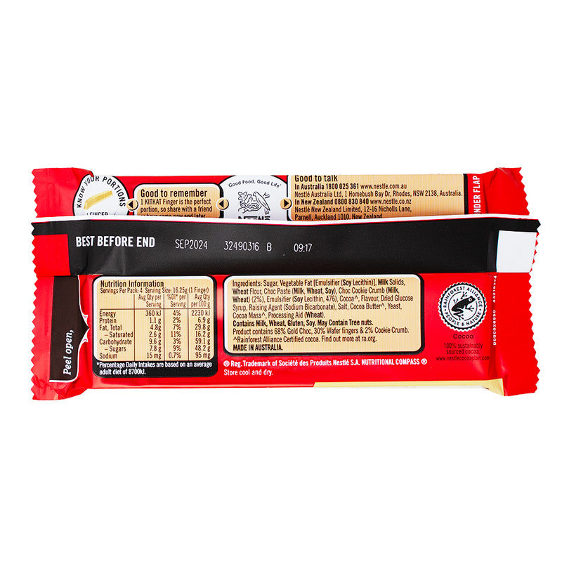 Kit Kat Gold Cookies (Aus) - 65g  Nutrition Facts Ingredients - Kit Kat Gold Cookies - Australian Candy Delight - Caramel Chocolate Crunch - Golden Cookie Bliss - Luxurious Aussie Treat - International Candy Sensation - Buttery Cookie Indulgence - Kit Kat Quality Guaranteed