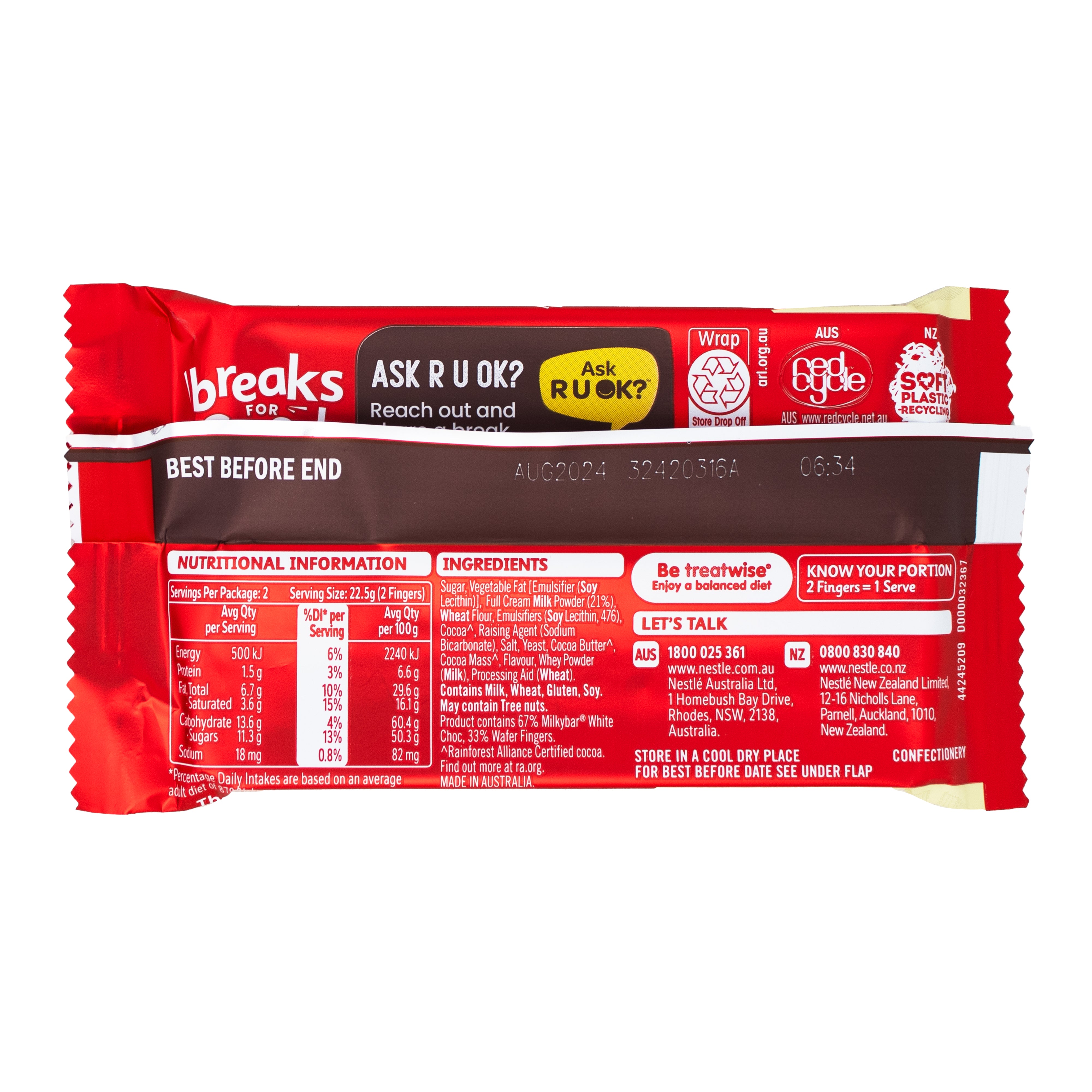 Kit Kat Milky Bar (Aus) - 45g Nutrition Facts Ingredients - Kit Kat Milky Bar - Australian Candy Delight - Creamy White Chocolate - Crispy Wafer Layers - Chocolate Wafer Treat - International Candy Sensation - Unique Flavour Blend - Australian Chocolate Excellence
