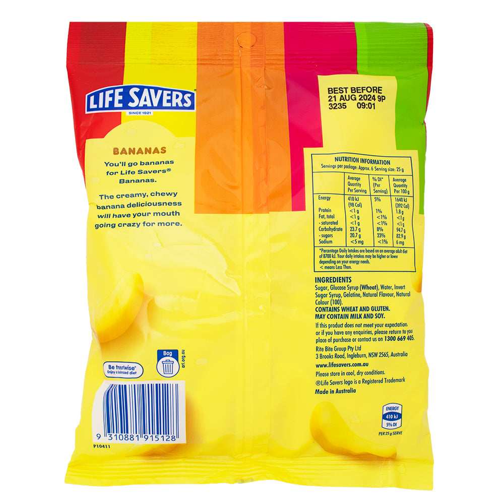 Lifesavers Bananas (Aus) - 160g Nutrition Facts Ingredients - Lifesavers Bananas - Australian Candy Delight - Tropical Fruit Flavour - Chewy Banana Candy - Authentic Aussie Treat - International Candy Sensation - Juicy Banana Goodness - Taste of Down Under