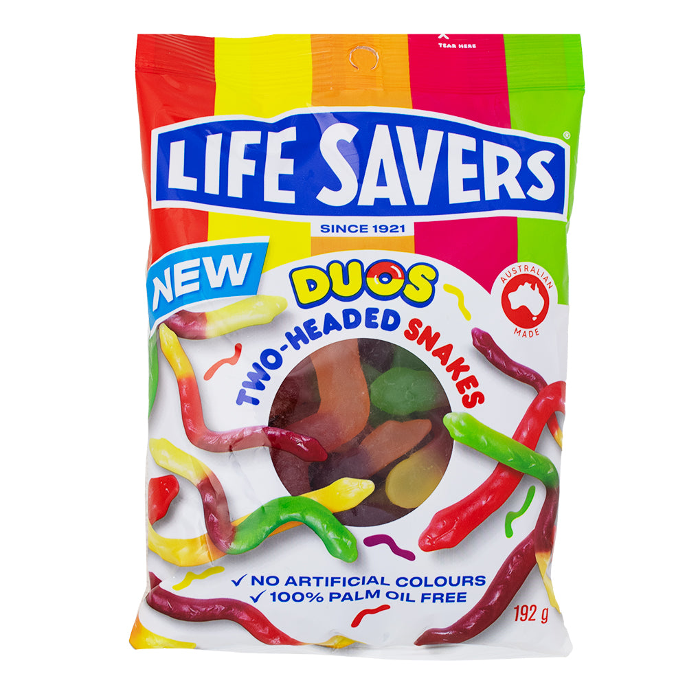 Lifesavers Duos Two-Headed Snakes (Aus) - 192g - Lifesavers Duos Two-Headed Snakes - Australian Candy - Gummy Candy - Unique Flavour Blends - Fruity Gummies - International Candy - Aussie Snacks