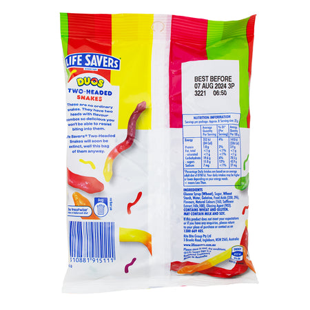 Lifesavers Duos Two-Headed Snakes (Aus) - 192g Nutrition Facts Ingredients - Lifesavers Duos Two-Headed Snakes - Australian Candy - Gummy Candy - Unique Flavour Blends - Fruity Gummies - International Candy - Aussie Snacks