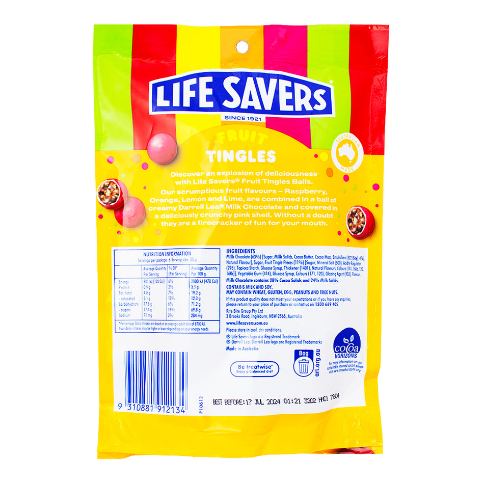 Lifesavers Fruit Tingles Chocolate (Aus) - 150g Nutrition Facts Ingredients - Lifesavers Fruit Tingles Chocolate - Australian Candy Classic - Tangy Fruit Flavours - Creamy Milk Chocolate - Flavour Explosion - Unique Candy Experience - International Candy Sensation - Rich Chocolatey Goodness