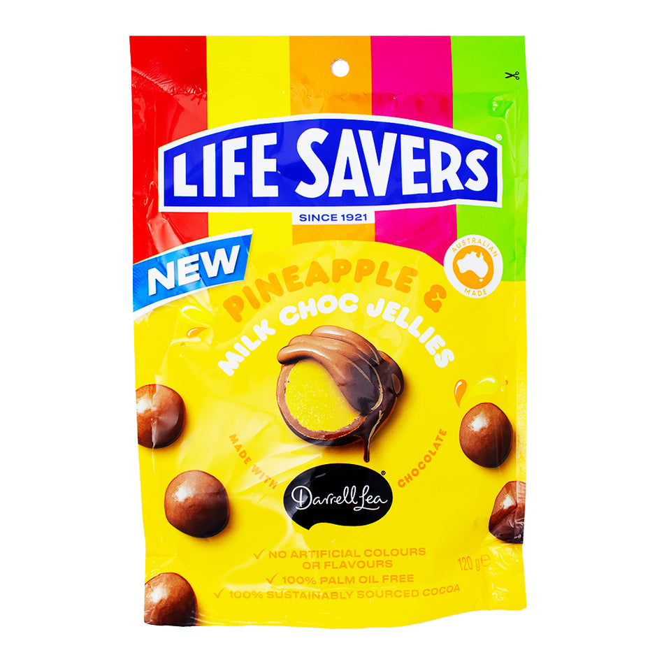 Lifesavers Pineapple & Milk Chocolate Jellies (Aus) - 120g - Lifesavers Pineapple Chocolate Jellies - Australian Candy Delight - Tropical Flavour Fusion - Milk Chocolate Sweetness - Unique Aussie Candy - International Candy Bliss - Exotic Candy Experience - Pineapple Chocolate Confection - Lifesavers Jelly Delights - Australian Candy - Exotic Candy - International Candy
