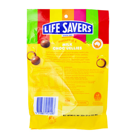 Lifesavers Pineapple & Milk Chocolate Jellies (Aus) - 120g Nutrition Facts Ingredients - Lifesavers Pineapple Chocolate Jellies - Australian Candy Delight - Tropical Flavour Fusion - Milk Chocolate Sweetness - Unique Aussie Candy - International Candy Bliss - Exotic Candy Experience - Pineapple Chocolate Confection - Lifesavers Jelly Delights - Australian Candy - Exotic Candy - International Candy