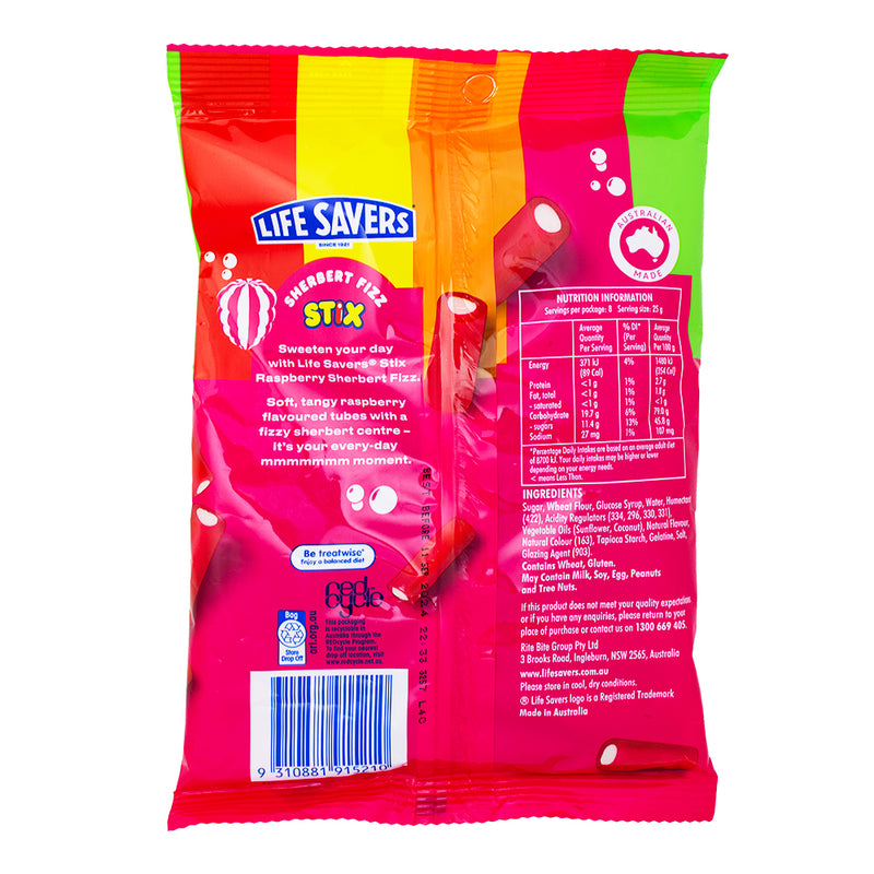 Lifesavers Stix Raspberry Sherbet Fizz (Aus) - 200g Nutrition Facts Ingredients - Lifesavers Stix Raspberry Sherbet Fizz - Australian Candy Adventure - Tangy Raspberry Flavour - Fizzy Sherbet Texture - Burst of Sweet and Sour - Unique Candy Sensation - International Candy Delight - Raspberry Candy Bliss