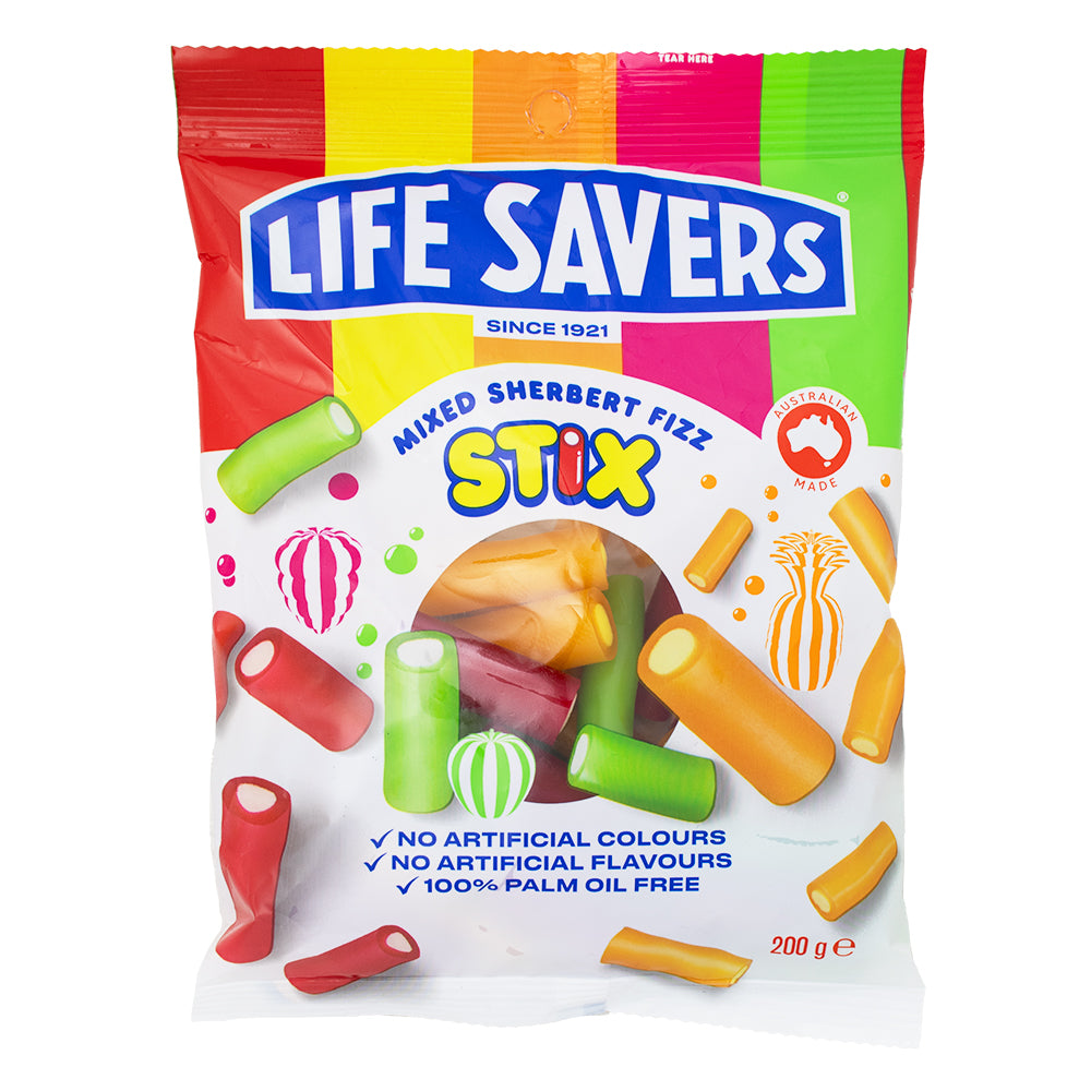 Lifesavers Stix Mixed Sherbert Fizz (Aus) - 200g - Lifesavers Stix - Mixed Sherbert Fizz - Australian candy - Fruity fizz candy - Tangy sherbet powder - Colourful candy sticks - Sweet cravings - Lemon raspberry candy - Fizzy candy - Australian sweets