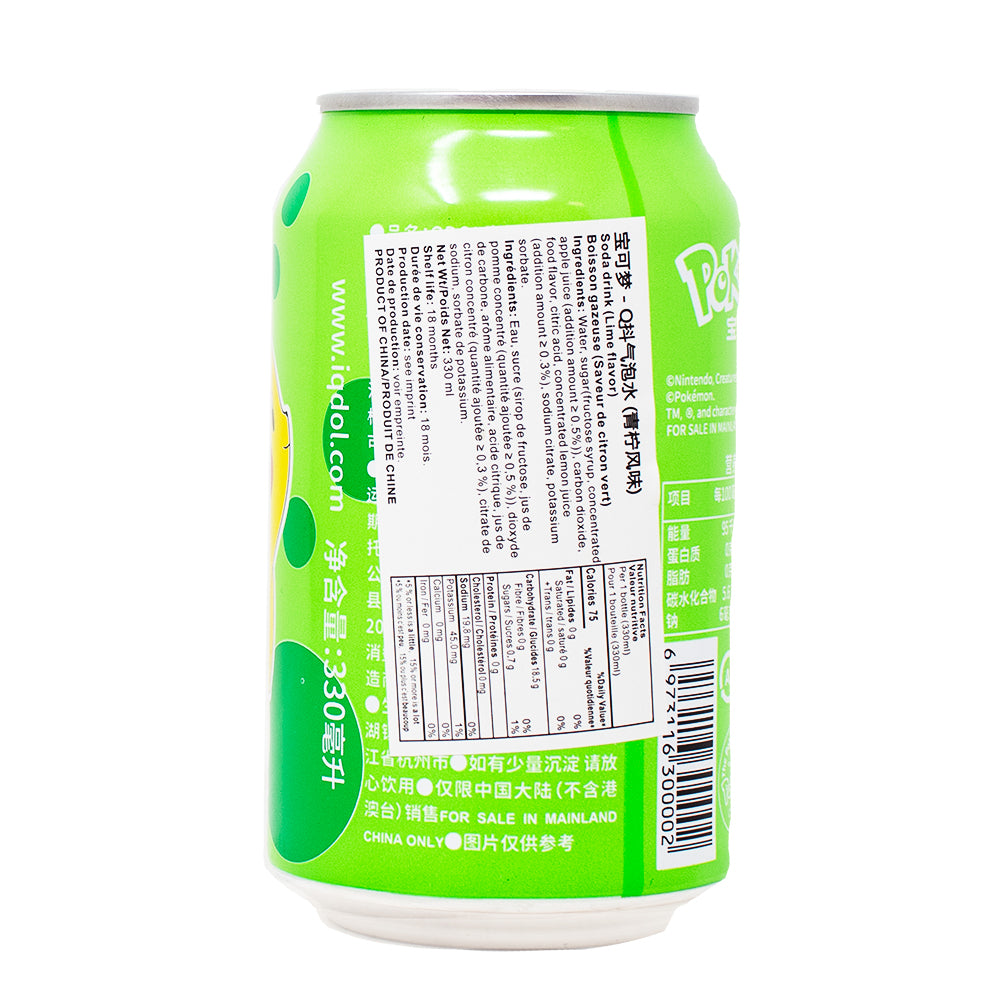 Qdol Pokemon Pikachu Sparkling Drink Green Lime (China) - 330mL Nutrition Facts Ingredients
