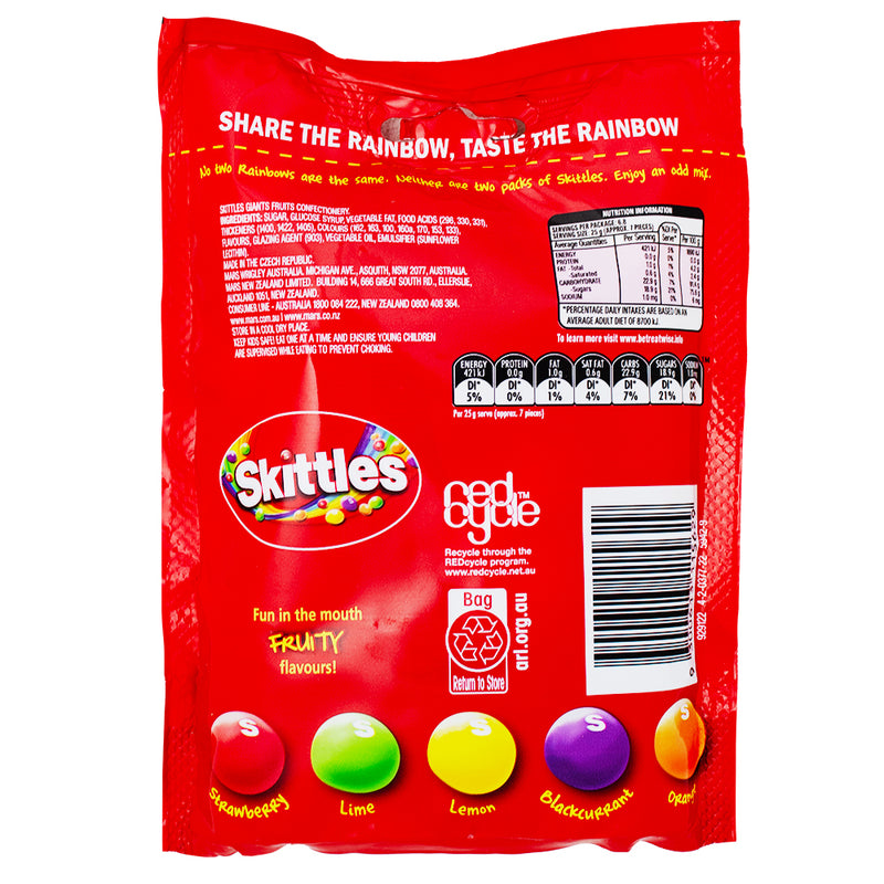 Skittles Giants (Aus) - 170g Nutrition Facts Ingredients - Skittles Giants Australia - Australian Candy Sensation - Giant Candy Format - Unique Flavour Blends - International Candy Delight - Aussie Candy Creations - Bold Skittles Experience - Chewy Giant Skittles - Vibrant Australian Sweets - Australian Candy - Exotic Candy - International Candy