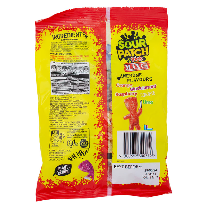 Sour Patch Kids Max Sour (Aus) - 190g Nutrition Facts Ingredients - Sour Patch Kids Max Sour Australia - Australian Extreme Sour Candy - Intense Flavours Candy - Aussie Candy Adventure - International Sour Candy Sensation - Bold and Zesty Candy - Extreme Sour Candy Delights - Australian Candy Creations - Tangy Candy Tsunami - Australian Candy - Exotic Candy - International Candy