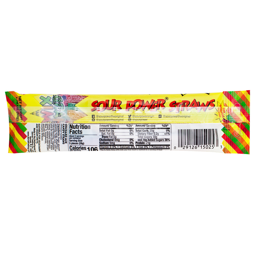 Sour Power Straws Orchard Mix - 1.75oz Nutrition Facts Ingredients - Sour Candy - Sour Power Straws - Sour Power Straws Orchard Mix - Vegan Candy - Vegan Sour Candy - Vegan Gummies 