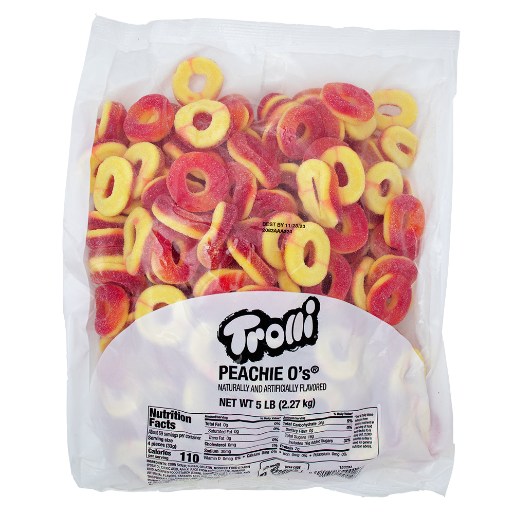 Trolli Peachie-O's - 5lb - Trolli Peachie-O's candy, Peach-flavoured gummy rings, Juicy peach candy, Fruity gummy adventure, Sweet summer escape, Chewy peach rings, Irresistible peach flavour, Trolli candy for peach lovers, Fun and fruity gummy experience, Candy that's peachy keen - Trolli - Trolli Candy - Peach Candy