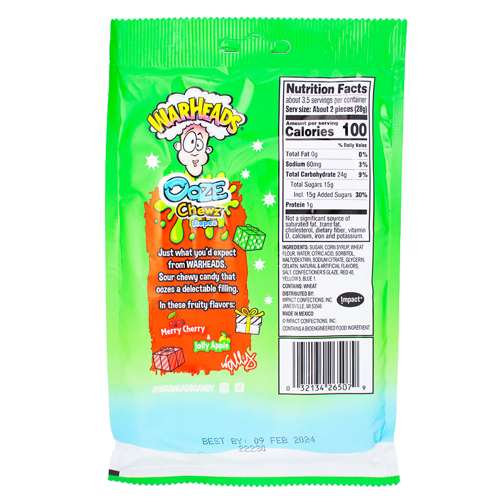 Warheads Christmas Ooze Chewz Ropes - 99g Nutrition Facts Ingredients - Warheads - Warheads Candy - Sour Candy - Warheads Christmas Ooze Chewz Ropes