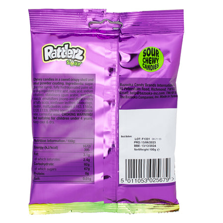 Bazooka Rattlerz Sours (UK) - 100g Nutrition Facts Ingredients - Bazooka - Bazooka Candy - Sour Candy - Bazooka Rattlers Sours - UK Candy - British Candy