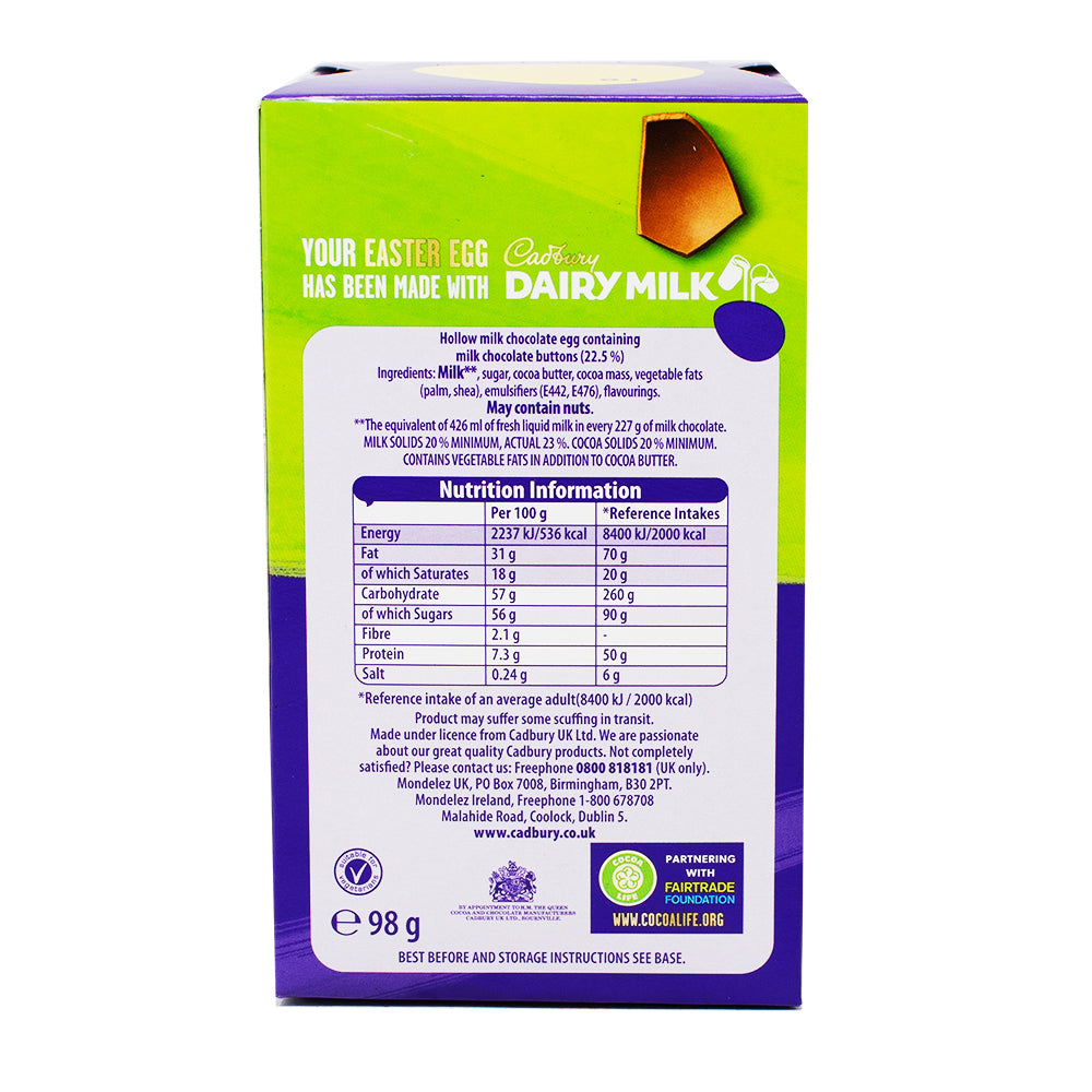 Cadbury Dairy Milk Buttons Easter Egg (UK) - 98g  Nutrition Facts Ingredients