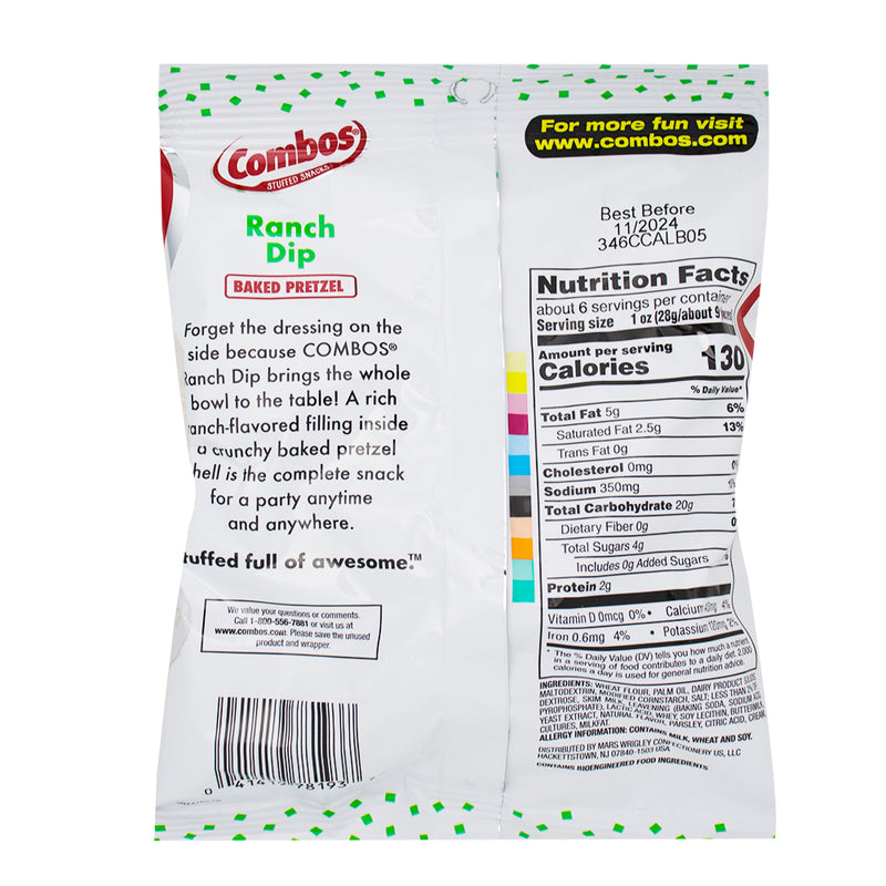 Combos Ranch Dip - 6.3oz  Nutrition Facts Ingredients - Combos - Combos Ranch Dip - Combos Snack - Savoury Snack - Snack Bites - Savoury Snacks