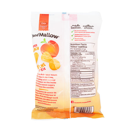 Dare Real Mallow Peach Marshmallows - 170g  Nutrition Facts Ingredients - Dare Real Mallow Peach Marshmallows - Peach-flavoured marshmallows - Soft and fluffy peach treats - Real fruit marshmallows - Gourmet peach candy - Juicy peach marshmallows - Flavoured marshmallow snacks - Peachy dessert toppings - Irresistible peach-flavoured sweets - Delicious fruit-infused marshmallows