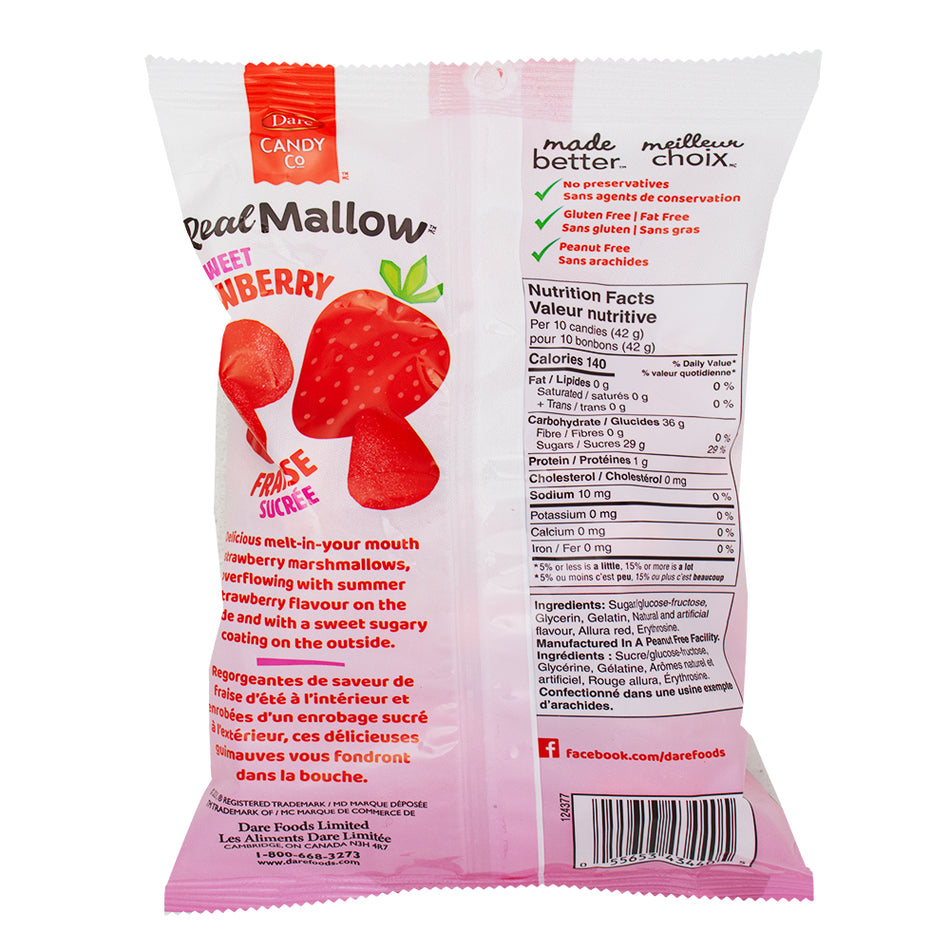 Dare Real Mallow Strawberry Marshmallows - 170g  Nutrition Facts Ingredients - Dare Real Mallow Strawberry Marshmallows - Strawberry flavoured marshmallows - Juicy strawberry marshmallows - Fluffy strawberry marshmallow treats - Strawberry candy delights - Soft strawberry marshmallow clouds - Fruity marshmallow snacks - Sweet strawberry confections - Strawberry-flavoured sweets - Marshmallows with real strawberry flavour