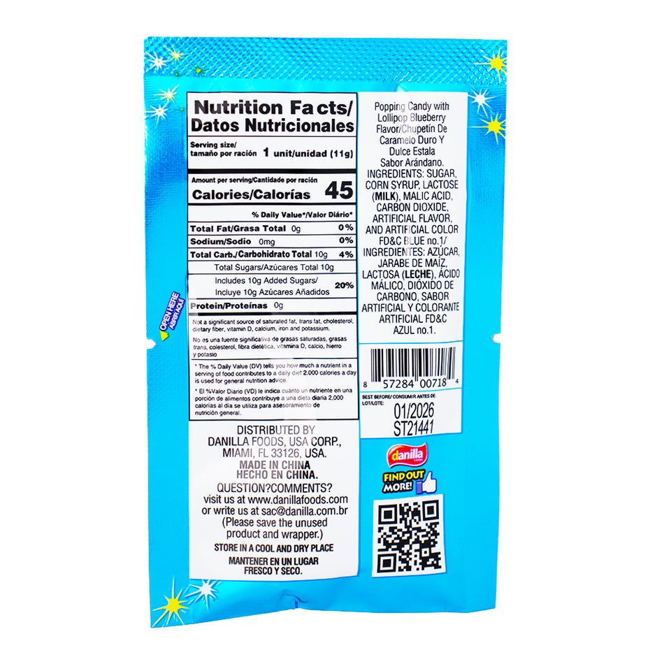 Dip Loko Blueberry Lollipop with Popping Candy - .39oz Nutrition Facts Ingredients - Dip Loko Blueberry Lollipop - Popping Candy lollipop - Berry-flavoured candy - Juicy blueberry candy - Vibrant blue lollipop - Fruity candy treat - Sweet and crunchy lollipop - Delicious popping candy - Blueberry-flavoured lollipop - Fun candy experience