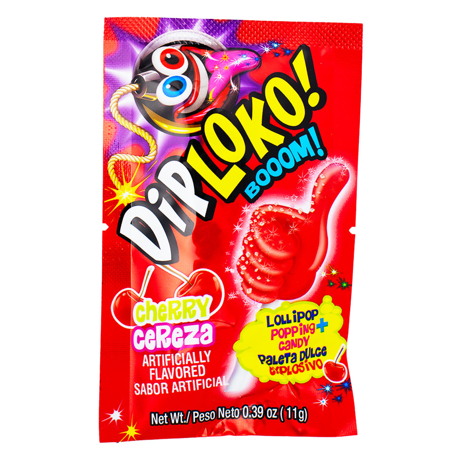 Dip Loko Cherry Lollipop with Popping Candy - .39oz - Dip Loko Cherry Lollipop - Cherry-flavoured lollipop - Popping candy lollipop - Fruity candy - Cherry candy - Unique candy experience - Tangy cherry flavour - Childhood nostalgia candy - Fun candy treat - Exciting candy sensation