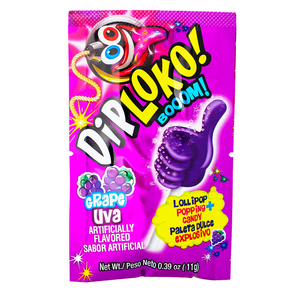 Dip Loko Grape Lollipop with Popping Candy - .39oz - Dip Loko Grape Lollipop - Popping candy lollipop - Grape candy - Fruit-flavoured lollipop - Candy with popping candy - Grape-flavoured candy - Fun candy - Sweet and tangy candy - Lollipop with popping sensation - Grape-flavoured treat