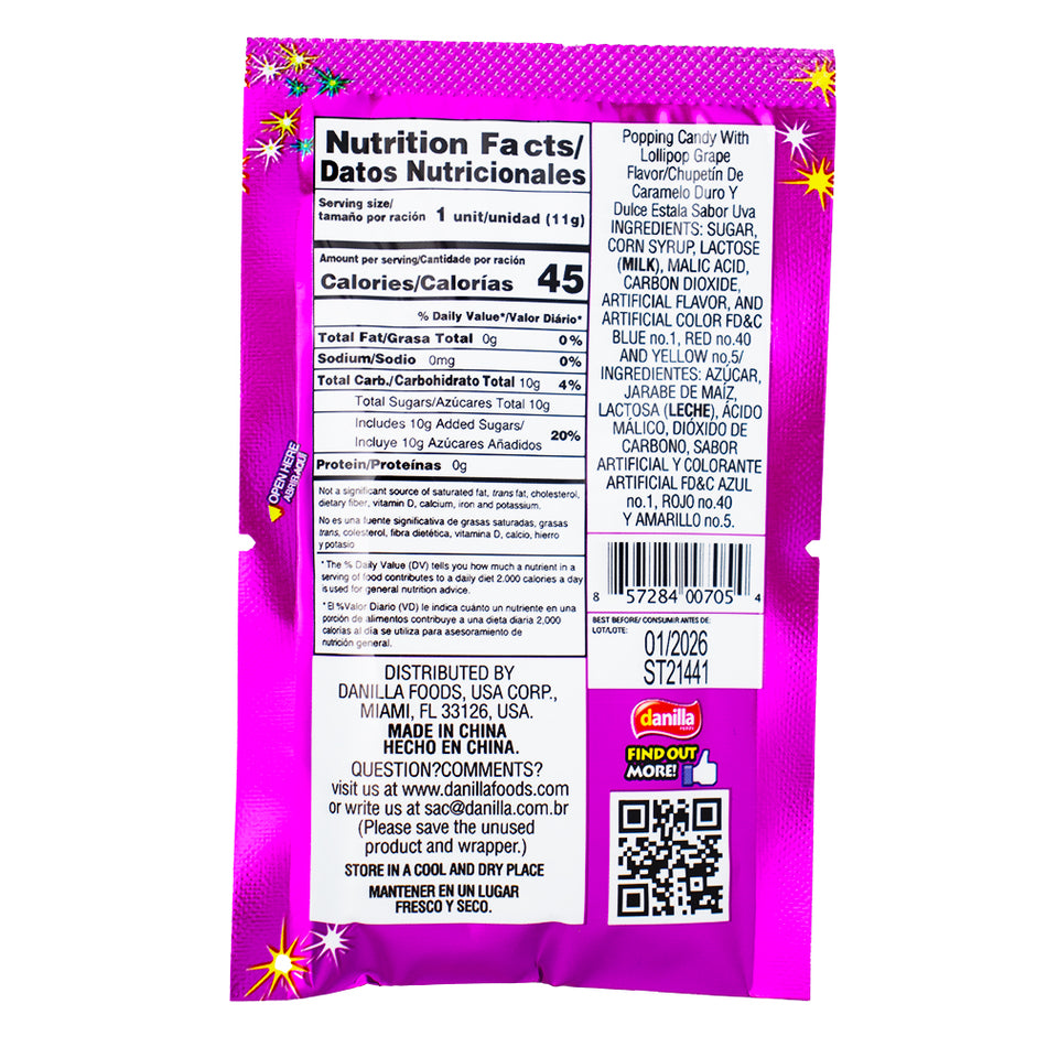 Dip Loko Grape Lollipop with Popping Candy - .39oz Nutrition Facts Ingredients - Dip Loko Grape Lollipop - Popping candy lollipop - Grape candy - Fruit-flavoured lollipop - Candy with popping candy - Grape-flavoured candy - Fun candy - Sweet and tangy candy - Lollipop with popping sensation - Grape-flavoured treat