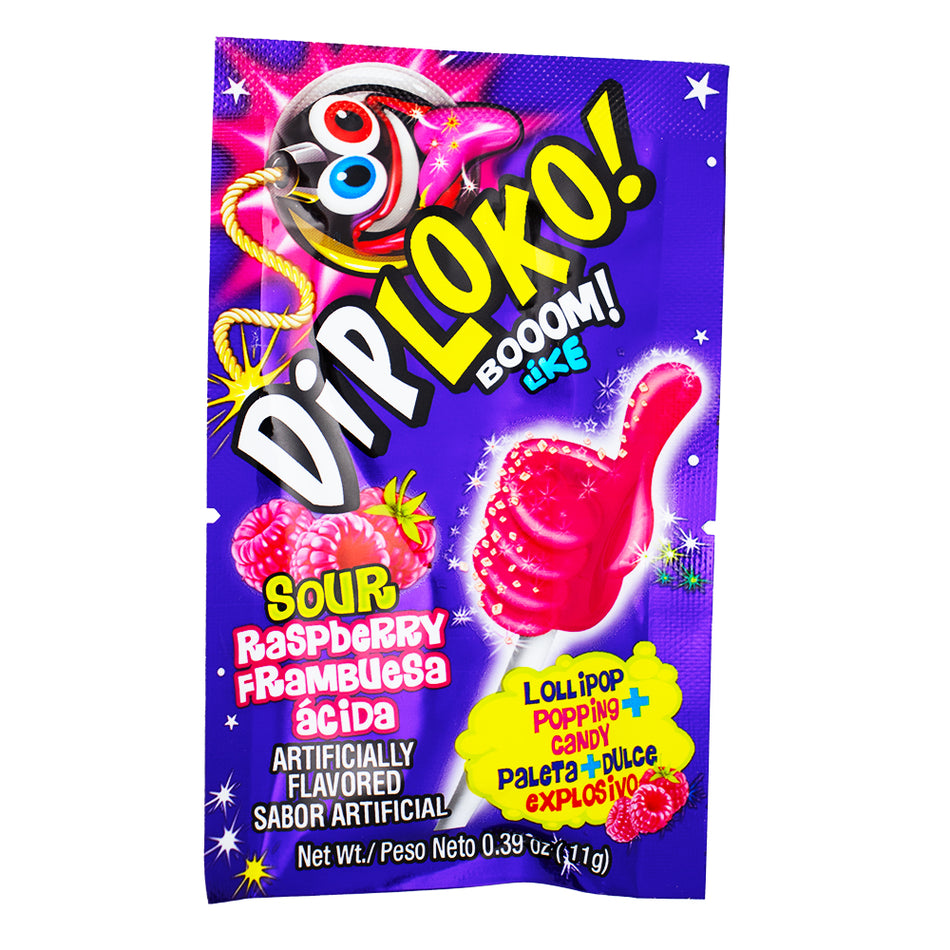 Dip Loko Sour Raspberry Lollipop with Popping Candy - .39oz - Dip Loko Sour Raspberry Lollipop - Popping candy lollipop - Raspberry-flavoured candy - Sour raspberry lollipop with popping candy - Juicy raspberry flavour - Sour candy with popping sensation - Bold raspberry taste - Tangy raspberry lollipop - Exciting candy experience - Raspberry candy with popping candy