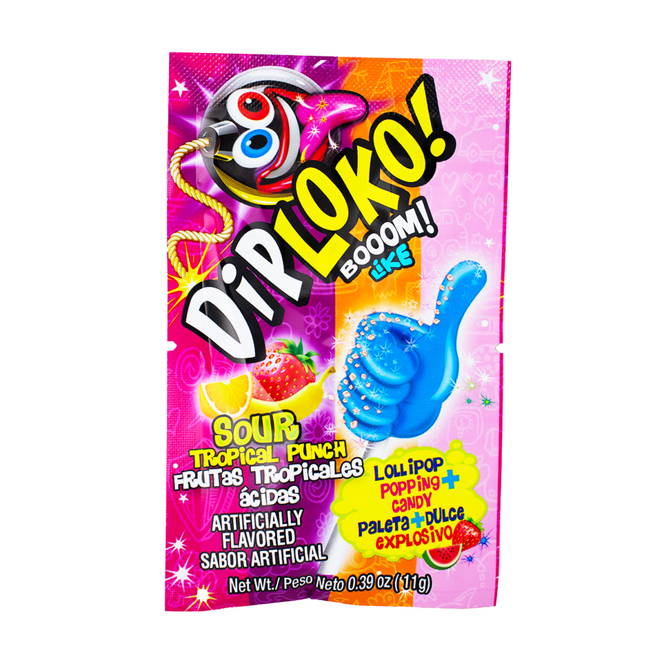 Dip Loko Sour Tropical Punch Lollipop with Popping Candy - .39oz - Dip Loko Sour Tropical Punch Lollipop - Popping candy lollipop - Tropical punch candy - Sour candy with popping candy - Exotic flavour lollipop - Tropical fruit-flavoured candy - Sour and sweet candy - Lollipop with popping sensation - Tangy tropical punch treat - Candy adventure