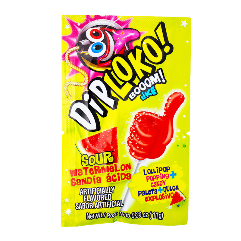 Dip Loko Sour Watermelon Lollipop with Popping Candy - .39oz - Dip Loko Sour Watermelon Lollipop - Sour watermelon lollipop - Watermelon candy with popping candy - Tangy watermelon lollipop - Juicy sour candy - Popping candy lollipop - Sour candy with popping candy - Refreshing watermelon lollipop - Zesty sour watermelon candy - Sour watermelon pop with popping candy