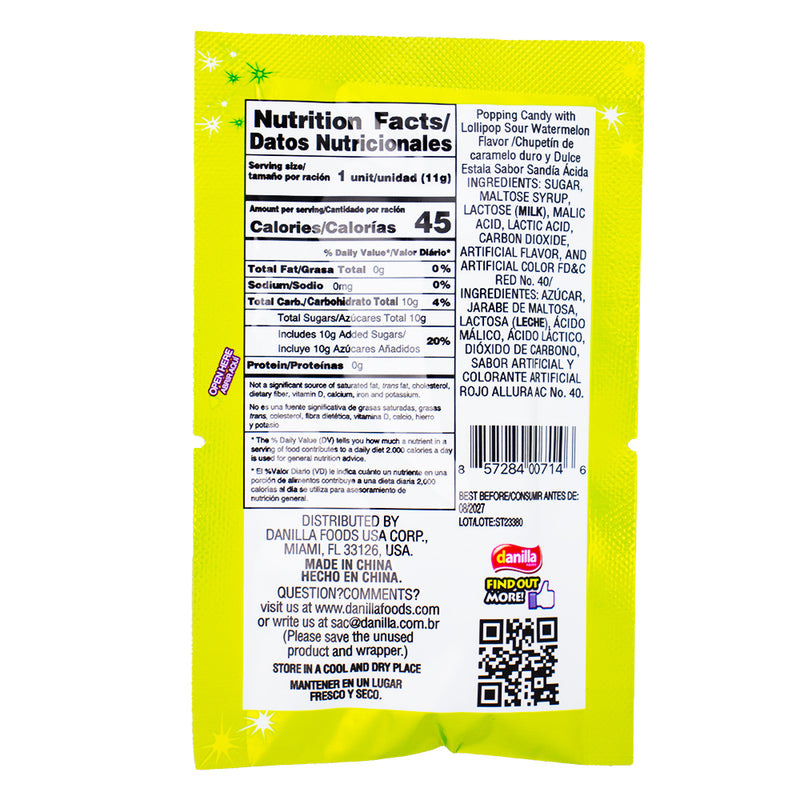 Dip Loko Sour Watermelon Lollipop with Popping Candy - .39oz  Nutrition Facts Ingredients - Dip Loko Sour Watermelon Lollipop - Sour watermelon lollipop - Watermelon candy with popping candy - Tangy watermelon lollipop - Juicy sour candy - Popping candy lollipop - Sour candy with popping candy - Refreshing watermelon lollipop - Zesty sour watermelon candy - Sour watermelon pop with popping candy
