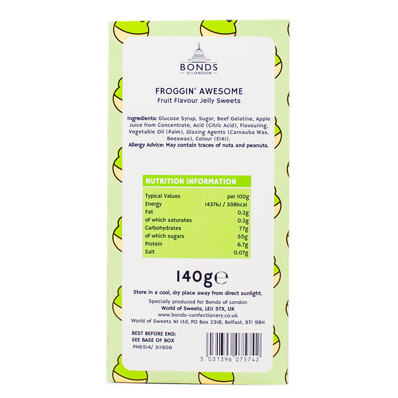 Bonds Froggin' Awesome (UK) - 140g Nutrition Facts Ingredients - Bonds Froggin' Awesome - British Candy for Valentine's Day - Playful Candy Shapes UK - Irresistible Chewy Sweets - Romantic Candy Collection - Bonds Candy UK - Valentine's Day Sweet Treats - Fruit Flavoured Gummies - Love-inspired Candy Assortment - UK Candy - British Candy