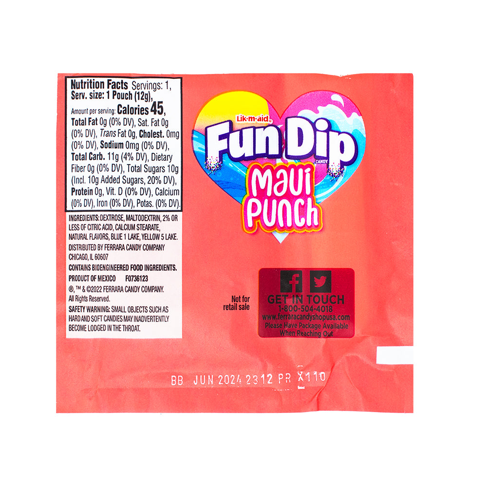 Fun Dip Lik-m-aid Maui Punch Nutrition Facts Ingredients - Fun Dip Lik-m-aid Maui Punch - Valentine's Day Candies - Dip Into Love - Tropical Romance - Maui Punch Flavour - Candy-filled Date Night - Sweet Surprises - Playful Journey - Sweet Moments - Burst of Sweetness