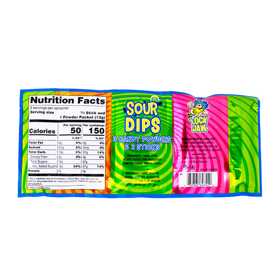 Lock Jaw 3 Piece Dips Sour Powder Sticks - 1.41oz  Nutrition Facts Ingredients
