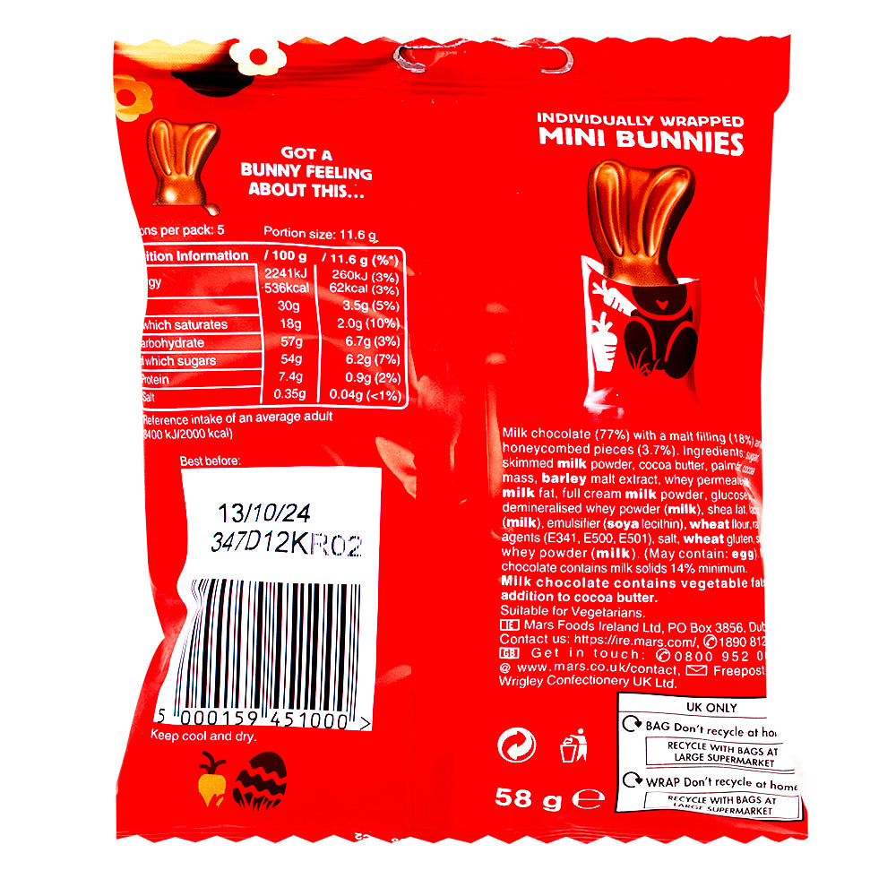 Maltesers Mini Bunnies (UK) - 58g  Nutrition Facts Ingredients - Maltesers - British Chocolate - Maltesers Mini Bunnies - UK candy - Easter chocolates - Chocolate bunnies - Bite-sized chocolates - Chocolate snacks - Milk chocolate candies