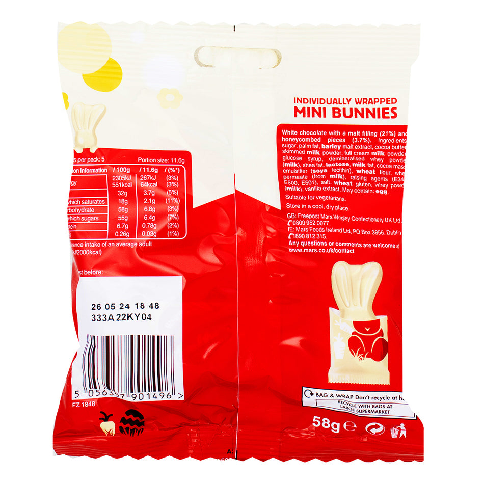 Maltesers White Mini Bunnies (UK) - 58g  Nutrition Facts Ingredients - Maltesers White Mini Bunnies - White chocolate bunnies - Easter candy - Mini bunny treats - UK candy - Easter chocolate - Maltesers - Maltesers Chocolate - White Chocolate - UK Candy - UK Chocolate - British Chocolate - British Candy