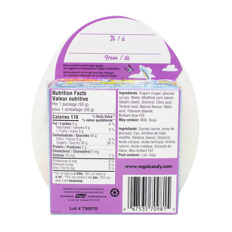 McCormicks Sour Gummy Bunny Eggs - 50g Nutrition Facts Ingredients - McCormicks - McCormicks Candy - Sour Candy - Canadian Candy - McCormicks Sour Gummy Bunny Eggs - Sour Gummy Candy - Easter Candy - Easter Treats