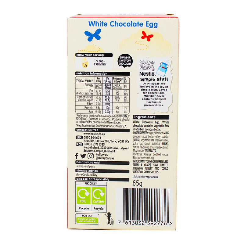 Milkybar White Chocolate Egg (UK) - 65g  Nutrition Facts Ingredients - Milkybar Chocolate - Milkybar - White Chocolate - Milkybar White Chocolate Egg - White Chocolate Easter Egg - UK Candy - Easter Chocolate Treats - Easter Egg Candy - British Candy - British Chocolate