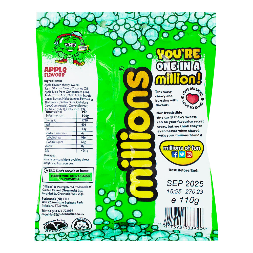 Millions Apple Bag (UK) - 110g Nutrition Facts Ingredients - Millions Candy - British Candy - UK Candy - Apple Candy - Apple Flavoured Candy - Millions Apple Bag