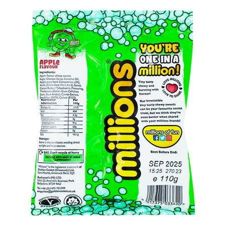 Millions Apple Bag (UK) - 110g Nutrition Facts Ingredients - Millions Candy - British Candy - UK Candy - Apple Candy - Apple Flavoured Candy - Millions Apple Bag