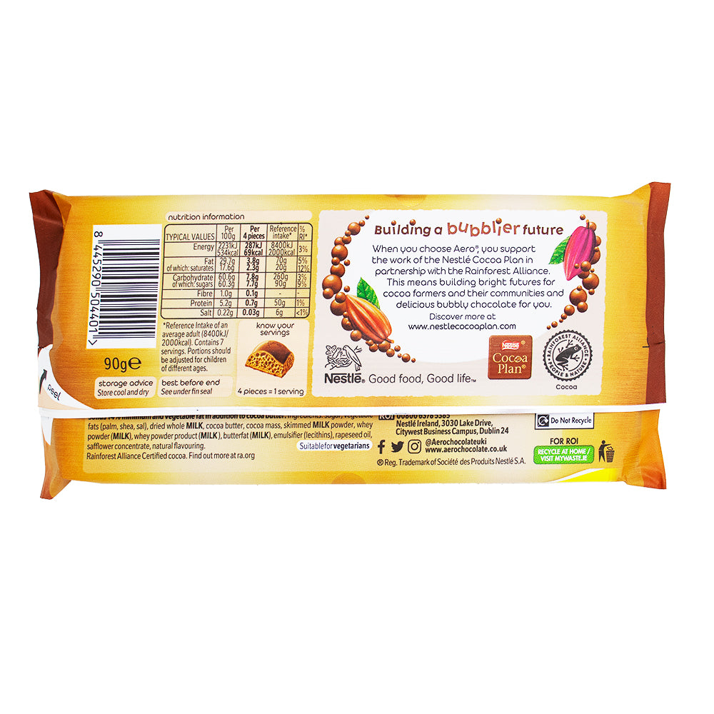 Aero Honeycomb (UK) - 90g Nutrition Facts Ingredients - Aero Honeycomb - UK chocolate bar - Honeycomb chocolate - Milk chocolate treat - Crunchy chocolate bar - Honeycomb candy - Aero chocolate UK - Chocolate with bubble - Irresistible chocolate snack - British chocolate brand