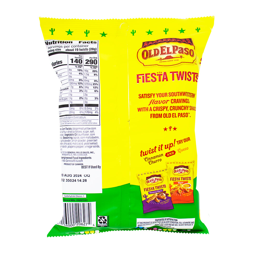 Old El Paso Fiesta Twists Salsa Verde - 2oz  Nutrition Facts Ingredients - Old El Paso Fiesta Twists Salsa Verde - Salsa Verde corn snacks - Mexican-inspired twists - Bold and tangy twists - Zesty corn snack - Crunchy Salsa Verde bites - Flavourful Fiesta Twists - Snack with a Mexican kick - Satisfying spicy twists - Salsa Verde snack experience