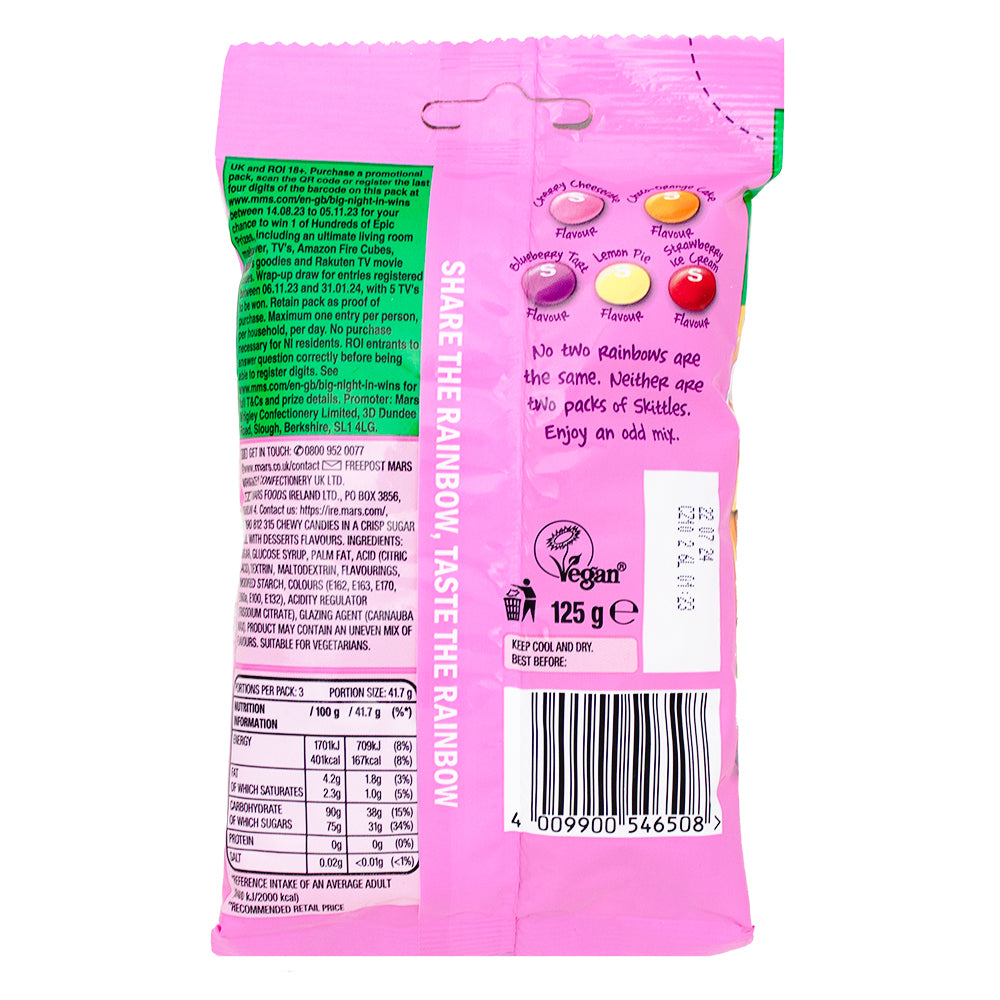 Skittles Desserts (UK) - 125g Nutrition Facts Ingredients - Skittles Desserts UK - Skittles - Dessert-flavoured candy - Skittles candy