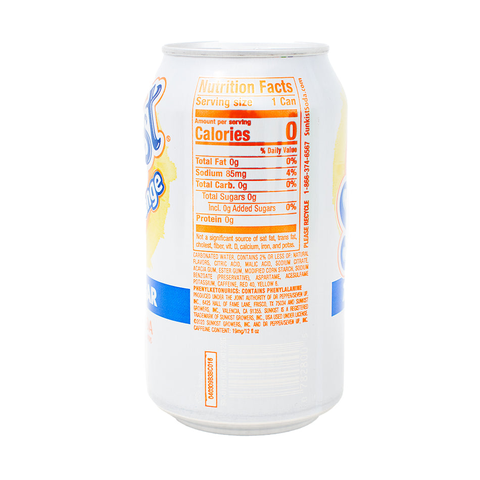Sunkist Zero Sugar Orange Soda - 355mL  Nutrition Facts Ingredients