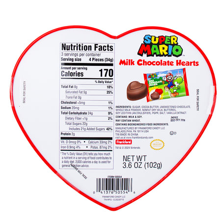 Super Mario Heart Tin w/ Milk Chocolate - 3.6oz Nutrition Facts Ingredients
