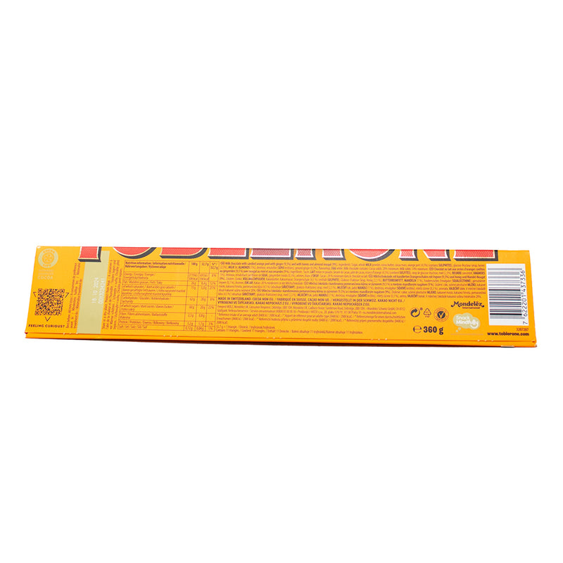 Toblerone Orange Twist (UK) - 360g  Nutrition Facts Ingredients - Toblerone - Toblerone Bar - Toblerone Orange Twist - Toblerone Chocolate Bar - Orange Chocolate - Citrus Candy - Citrus Chocolate - British Chocolate - UK Chocolate
