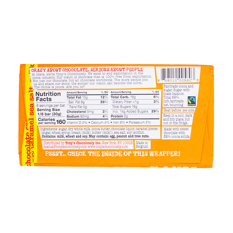 Tony's Chocolonely Milk Chocolate Caramel Sea Salt - 180g  Nutrition Facts Ingredients - Tony’s Chocolonely - Tony’s Chocolonely Chocolate - Tony's Chocolonely Milk Chocolate Caramel Sea Salt - Gourmet Chocolate - Sea Salt Chocolate - Premium Chocolate - Caramel Chocolate