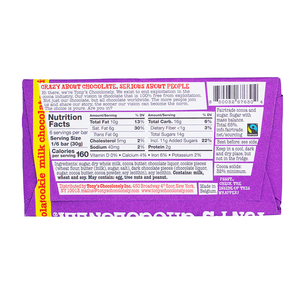 Tony's Chocolonely Milk Chocolate Chip Cookie - 180g   Nutrition Facts Ingredients