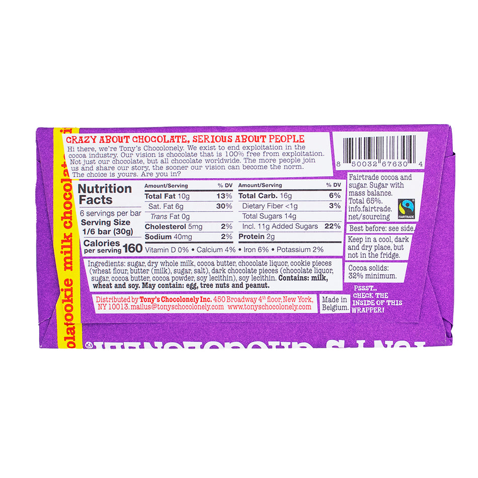 Tony's Chocolonely Milk Chocolate Chip Cookie - 180g   Nutrition Facts Ingredients - Tony’s Chocolonely Milk Chocolate Chip Cookie - Milk Chocolate - Tony’s Chocolonely - Tony’s Chocolonely Chocolate - Chocolate Chip Cookie