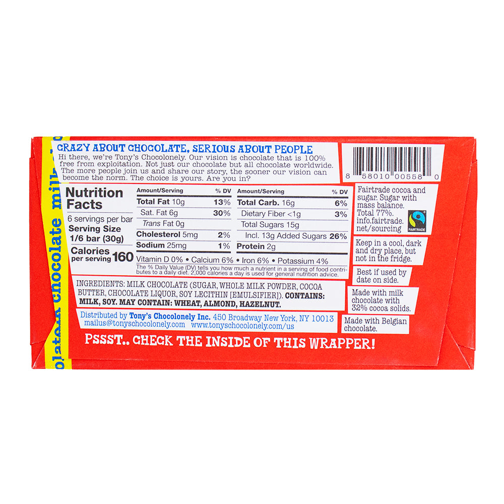 Tony's Chocolonely Milk Chocolate - 180g   Nutrition Facts Ingredients