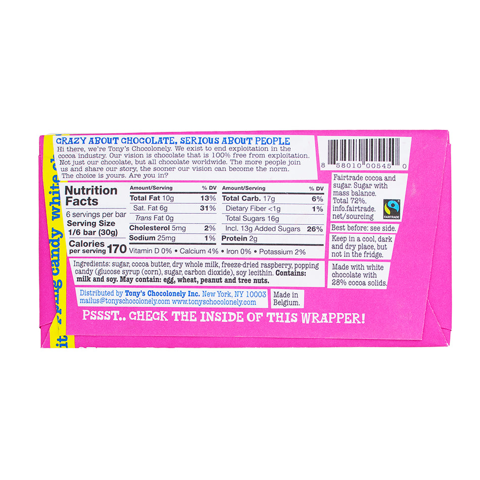 Tony's Chocolonely White Chocolate Raspberry Popping Candy - 180g  Nutrition Facts Ingredients