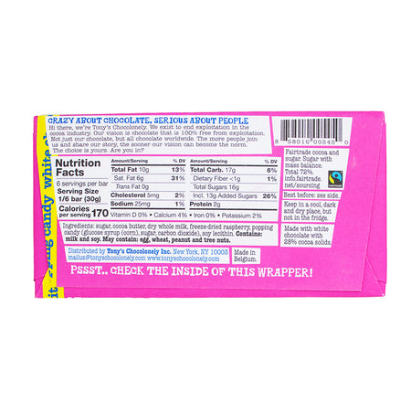 Tony's Chocolonely White Chocolate Raspberry Popping Candy - 180g  Nutrition Facts Ingredients - Tony’s Chocolonely Chocolate - Tony's Chocolonely - White Chocolate Raspberry - Raspberry Popping Candy - White Chocolate Bar - Gourmet chocolate - Premium Chocolate - Artisan chocolate - Raspberry Chocolate